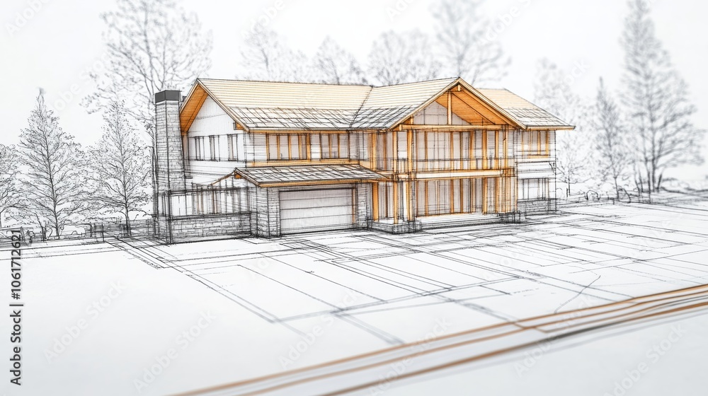 A professional architectural drawing of a home, including structural details for walls, windows, and roofs, providing a comprehensive view of the house’s design and engineering A professional architectural drawing of a home, including structural details for walls, windows, and roofs, providing a comprehensive view of the house’s design and engineering