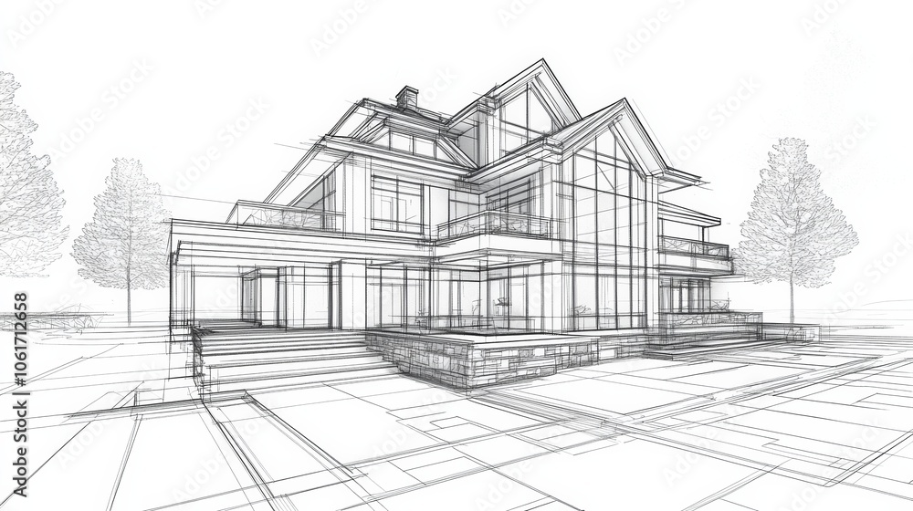 A professional architectural drawing of a home, including structural details for walls, windows, and roofs, providing a comprehensive view of the house’s design and engineering A professional architectural drawing of a home, including structural details for walls, windows, and roofs, providing a comprehensive view of the house’s design and engineering