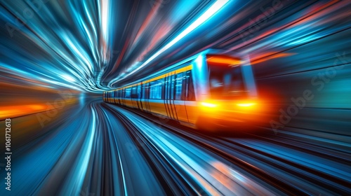 Fast Train Moving Through Tunnel with Motion Blur and Light Streaks