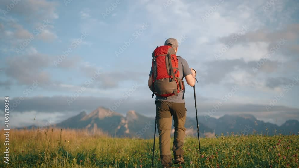 Back view following of man with red backpack and trekking poles walking on green grass meadow hill overlooking epic mountains covered with clouds. Male backpacker explorer hiking, sunny summer day Back view following of man with red backpack and trekking poles walking on green grass meadow hill overlooking epic mountains covered with clouds. Male backpacker explorer hiking, sunny summer day