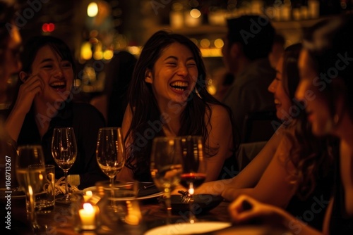 Friends having dinner laughing glass outdoors.