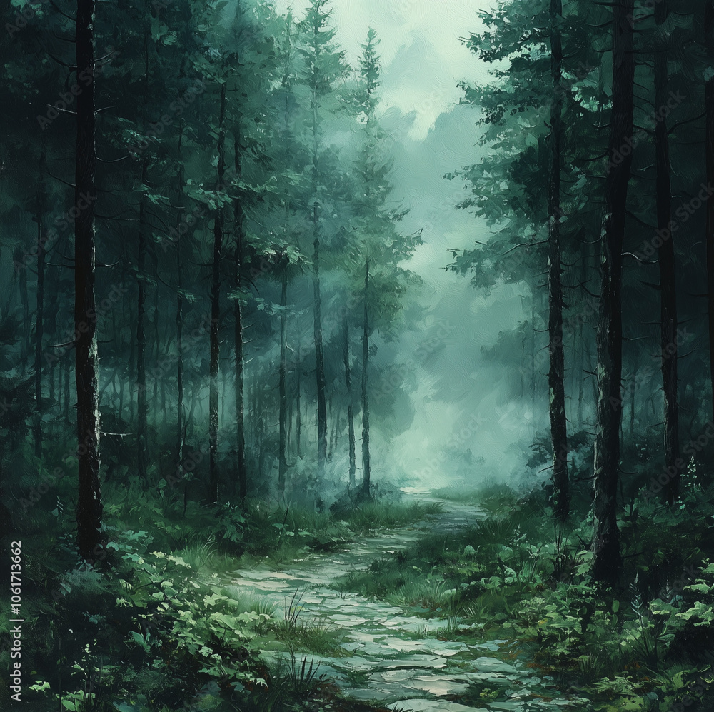 Obraz premium soft morning mist enshrouds a forest path, enhancing the greenery and tranquility