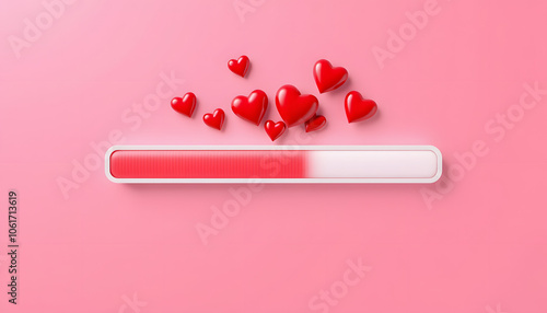 Love loading progress bar, Valentine's day loading bar with red love hearts on pink background. 3d render isolated with white highlights, png