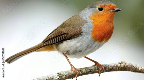 European Robin Bird Perched on Branch in Nature