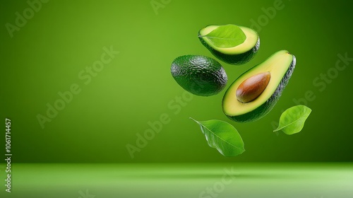 Close up of a green avocado with a leaf on top. The avocado is cut in half and the leaf is floating in the air. Concept of freshness and health photo