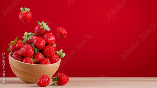 Bowl of red strawberries on a wooden table. The bowl is full of strawberries and they are scattered all over the table photo