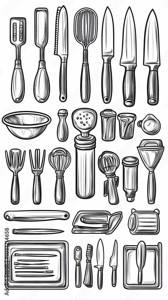 Hand drawn sketch of kitchen utensils and cooking tools. Hand drawn sketch of kitchen utensils and cooking tools.