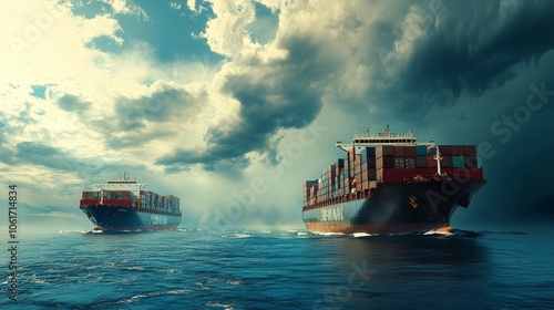 A scene of sea freight shipping with large cargo ships transporting containers across the ocean, symbolizing global trade and freight forwarding services photo