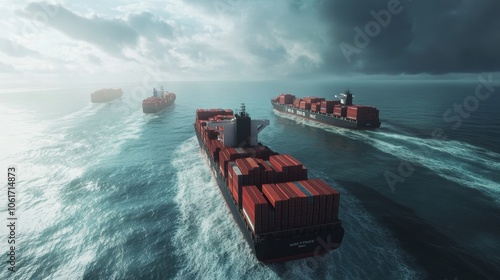 A scene of sea freight shipping with large cargo ships transporting containers across the ocean, symbolizing global trade and freight forwarding services photo