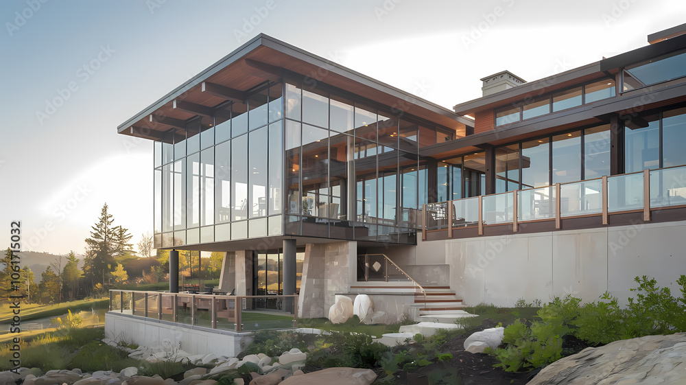 Modern glass house exterior showcasing large windows, wooden accents, and a spacious deck, surrounded by greenery and natural landscape, perfect for contemporary architecture enthusiasts. Modern glass house exterior showcasing large windows, wooden accents, and a spacious deck, surrounded by greenery and natural landscape, perfect for contemporary architecture enthusiasts.