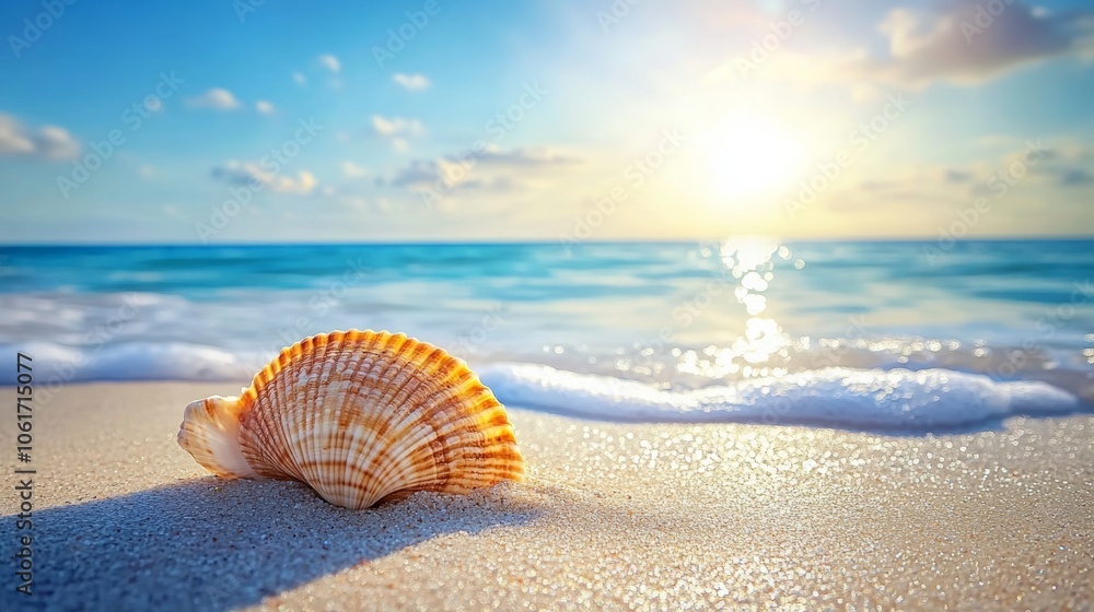 Seashell on Sandy Beach with Ocean Waves and Sun Seashell on Sandy Beach with Ocean Waves and Sun