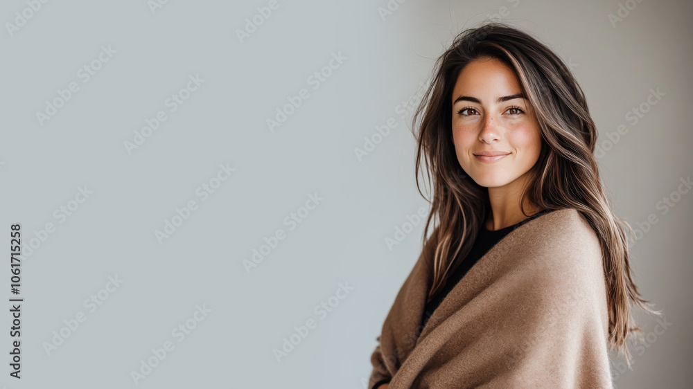 Canadian woman wearing traditional cloak wool poncho isolated on grey Canadian woman wearing traditional cloak wool poncho isolated on grey