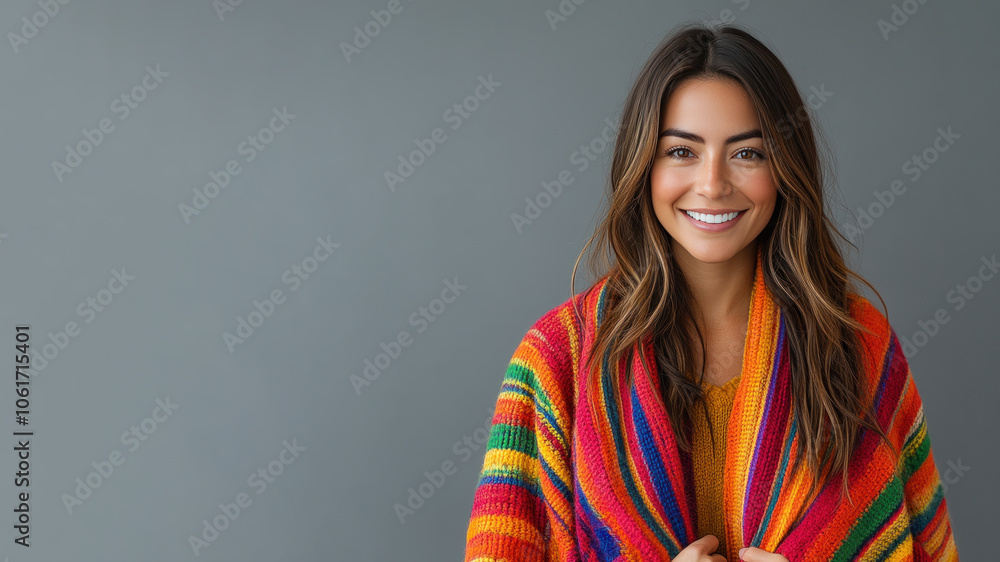 Canadian woman wearing traditional cloak wool poncho isolated on grey Canadian woman wearing traditional cloak wool poncho isolated on grey