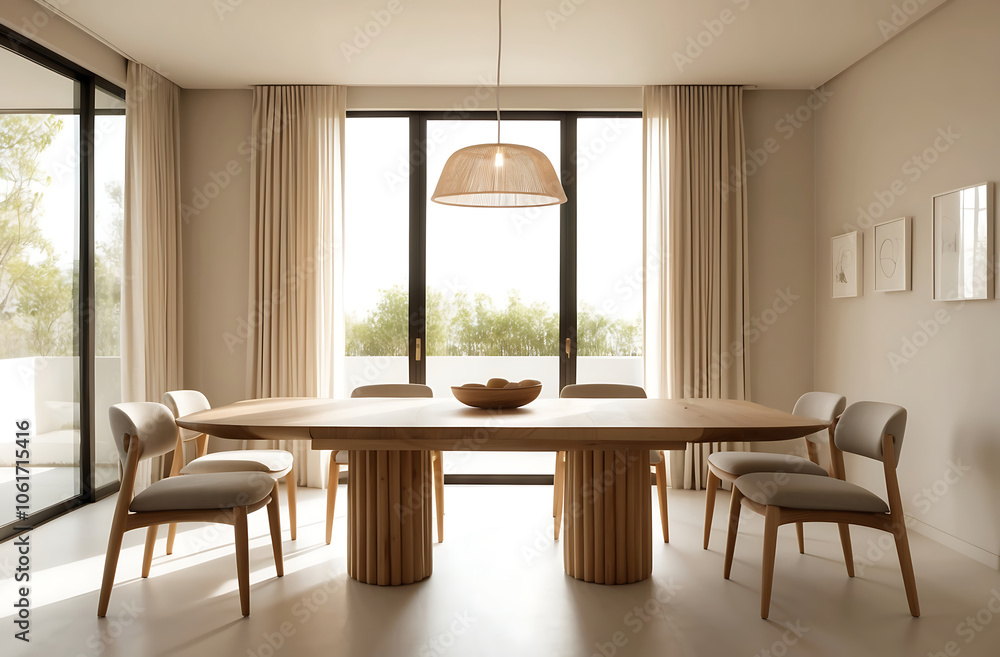 Fototapeta premium Dining room interior with natural wooden table in trendy minimal japandi style