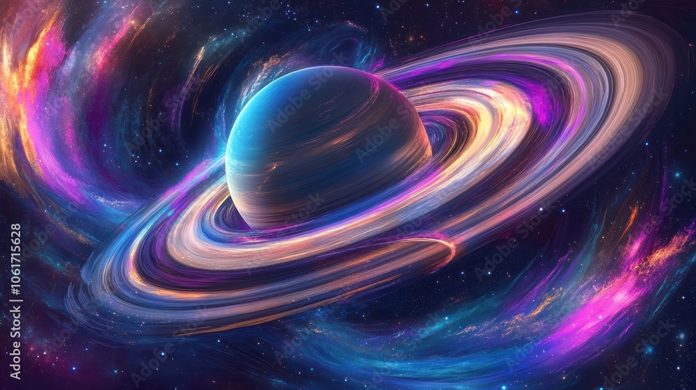 An illustration of Saturn in which the rings are depicted as flowing waves of color. They blend together perfectly into a starry backdrop. An illustration of Saturn in which the rings are depicted as flowing waves of color. They blend together perfectly into a starry backdrop.