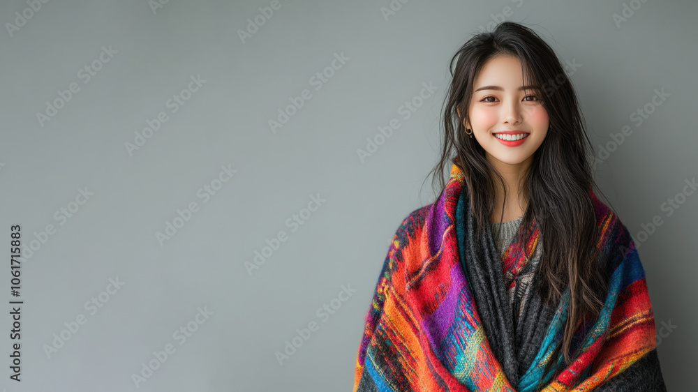 Chinese woman wearing traditional cloak wool poncho isolated on gray Chinese woman wearing traditional cloak wool poncho isolated on gray