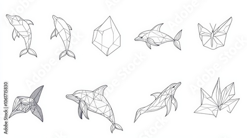 Fototapeta Naklejka Na Ścianę i Meble -  A set of animal outline vectors featuring clean, modern outlines of animals like horses, dolphins, and butterflies, perfect for minimalist designs and tattoos