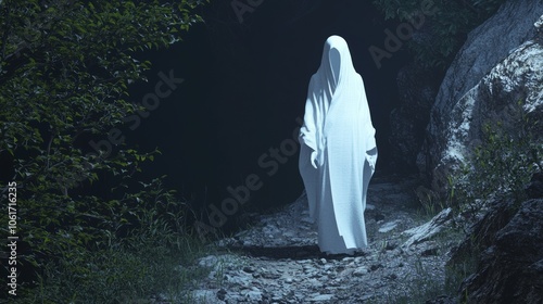 Eerie Japanese Yokai Noppera-bo 3D Render in Traditional Clothing on Dark Mountain Path at Night - Ultra-Detailed Illustration photo