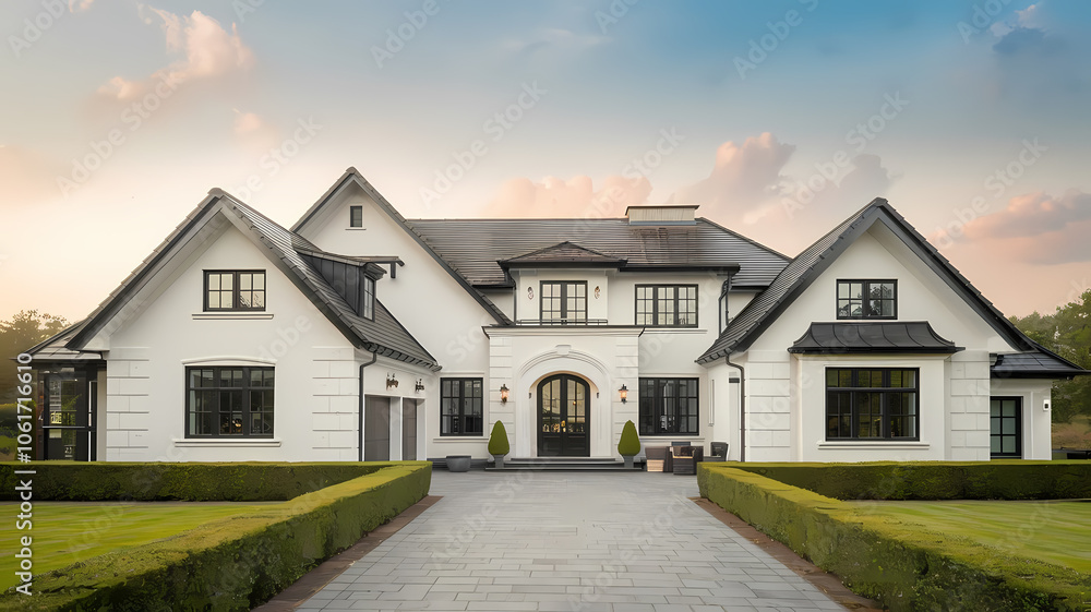 Elegant modern home with a symmetrical facade, featuring white siding, black windows, and a spacious front yard, set against a picturesque sky at sunset. Ideal for luxury real estate listings. Elegant modern home with a symmetrical facade, featuring white siding, black windows, and a spacious front yard, set against a picturesque sky at sunset. Ideal for luxury real estate listings.