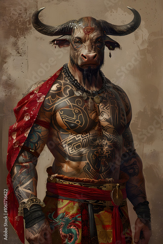 A Minotaur with the head of an ox, a muscular and powerful body covered in tribal tattoos, wearing monk's robes with a red sash around his waist, Generative AI 