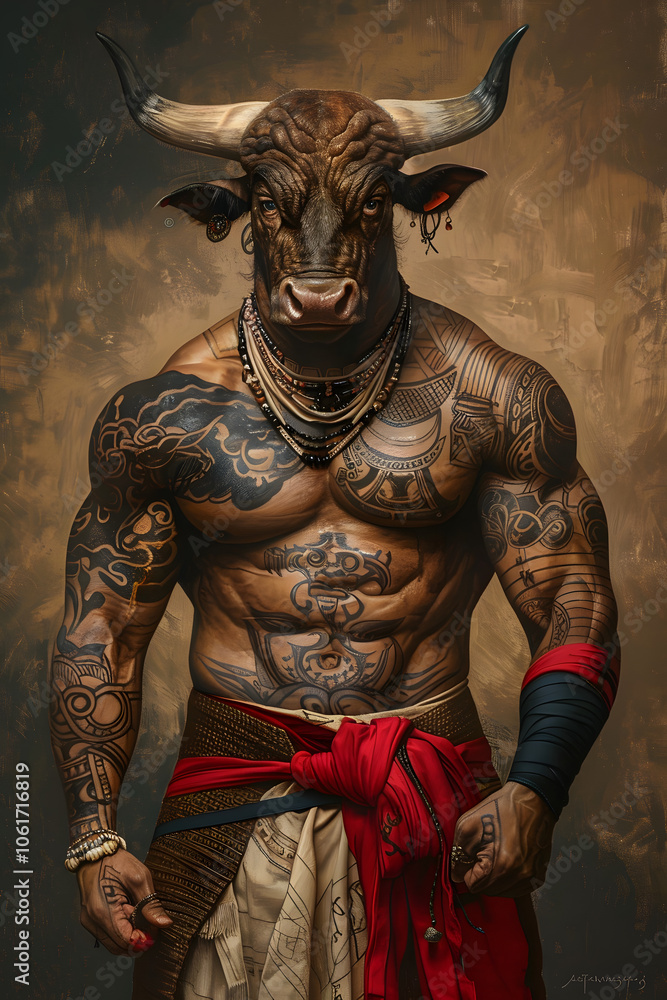 Fototapeta premium A Minotaur with the head of an ox, a muscular and powerful body covered in tribal tattoos, wearing monk's robes with a red sash around his waist, Generative AI 