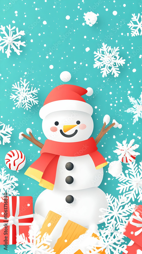 A cheerful snowman with a red scarf and hat, surrounded by presents, candy canes and snowflakes on a blue background. A cheerful snowman with a red scarf and hat, surrounded by presents, candy canes and snowflakes on a blue background.