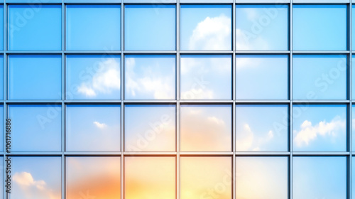 Modern glass building reflecting blue sky and clouds at sunset.