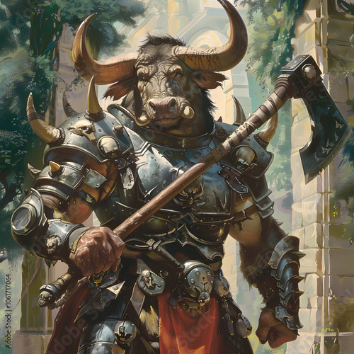 A Minotaur wearing heavy armor and wielding an axe, in the world of Magic, Generative AI photo