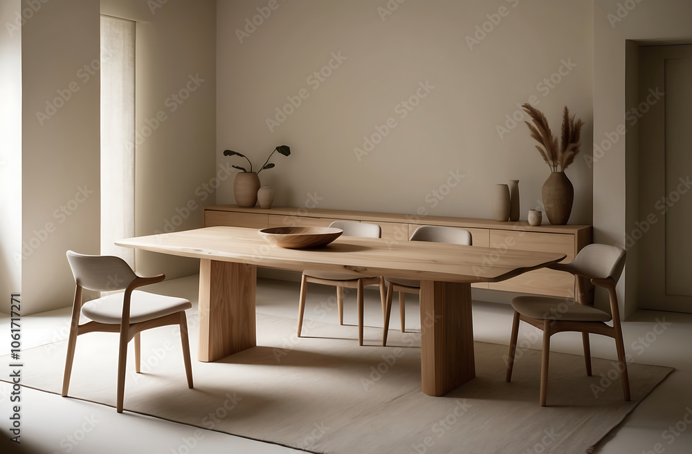 Fototapeta premium Dining room interior with natural wooden table in trendy minimal japandi style