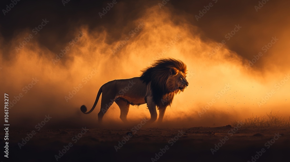 A silhouette of a wild lion standing proudly in the desert, with a storm of dust and sand swirling around its powerful frame, set against a dark, moody sky A silhouette of a wild lion standing proudly in the desert, with a storm of dust and sand swirling around its powerful frame, set against a dark, moody sky