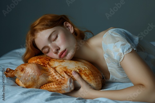 A young woman with red hair is sleeping in bed, her head resting on a roasted turkey.