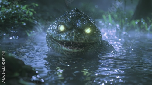 Enchanting 3D Render of Mischievous Kappa Yokai in Shallow Misty Pond with Glowing Eyes and Water-Filled Head Bowl, Ultra-Detailed Illustration