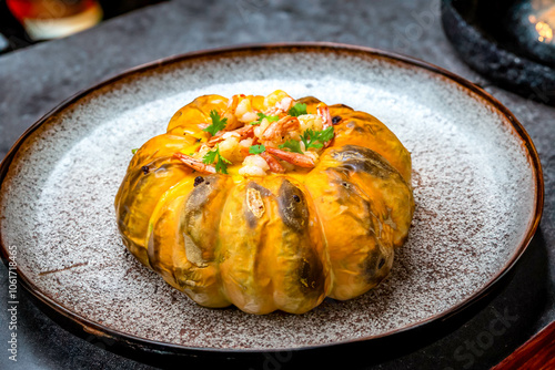 Traditional Brazilian recipe of shrimp in pumpkin, known as 