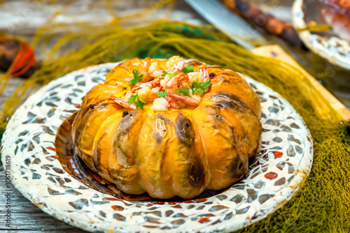 Traditional Brazilian recipe of shrimp in pumpkin, known as 