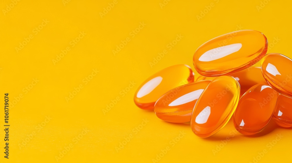 Stack of orange pills on a yellow background. pills are all the same size and shape, and they are arranged in a neat pile. Concept of order and organization, as well as a sense of health and wellness Stack of orange pills on a yellow background. pills are all the same size and shape, and they are arranged in a neat pile. Concept of order and organization, as well as a sense of health and wellness