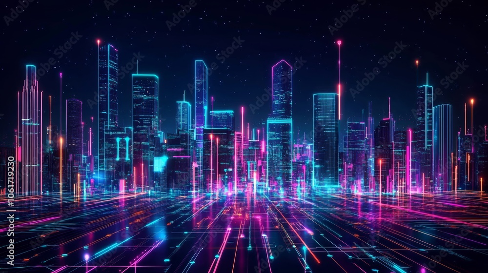 A smart city design showcasing advanced infrastructure, neon lights reflecting off smart buildings, and a vibrant urban landscape that blends technology with sustainability A smart city design showcasing advanced infrastructure, neon lights reflecting off smart buildings, and a vibrant urban landscape that blends technology with sustainability