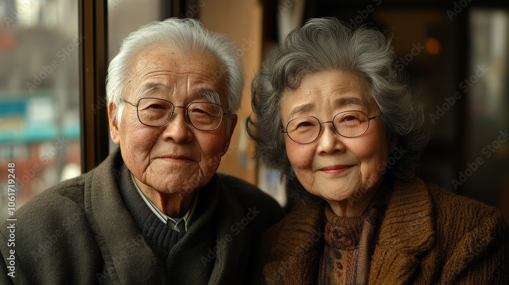 Two elderly people are smiling at the camera. They are wearing glasses and are dressed in warm clothing Two elderly people are smiling at the camera. They are wearing glasses and are dressed in warm clothing