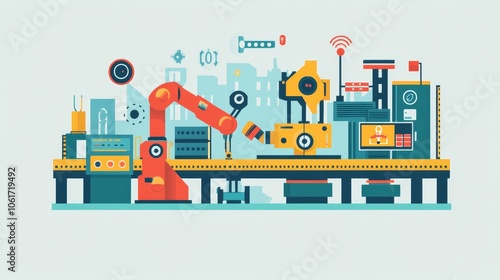A smart manufacturing environment where engineers control industrial robots through IoT software, optimizing production processes and increasing efficiency
