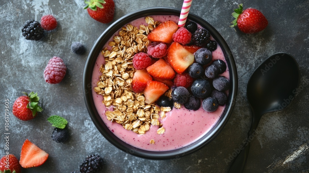 A smoothie bowl filled with blended fruits, topped with granola and fresh berries, served with a straw, representing a healthy breakfast beverage A smoothie bowl filled with blended fruits, topped with granola and fresh berries, served with a straw, representing a healthy breakfast beverage