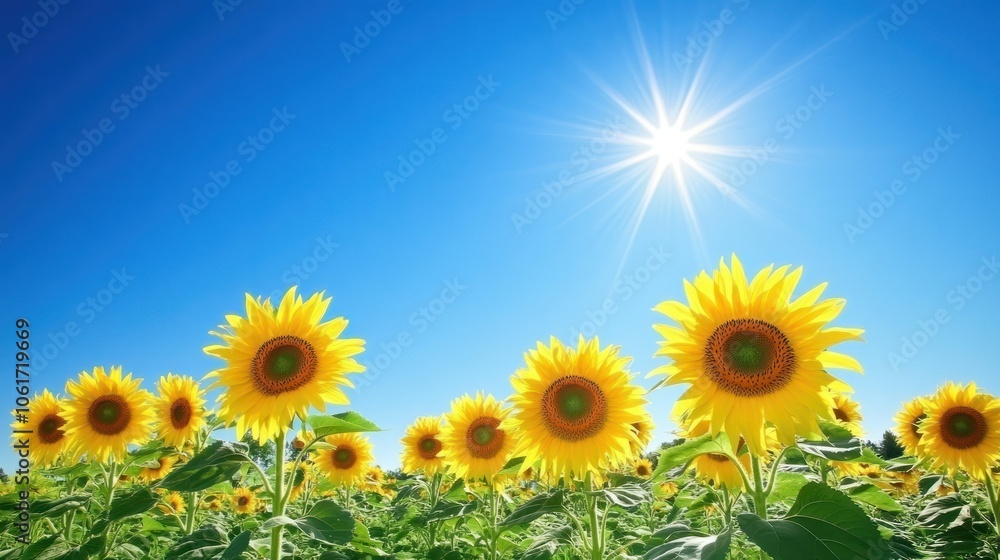 Fototapeta premium A field of sunflowers basking in the sunshine on a bright blue day.