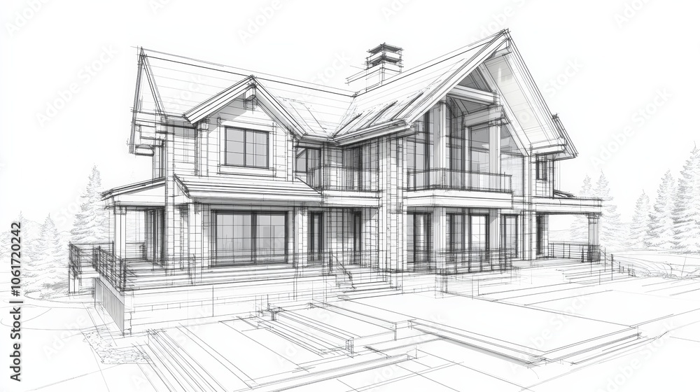 A structural engineering plan for a house construction project, with detailed diagrams showing the load-bearing walls, roof trusses, and foundation design A structural engineering plan for a house construction project, with detailed diagrams showing the load-bearing walls, roof trusses, and foundation design