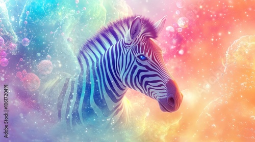 zebra with a mesmerizing blend of colors spiraling across its body. The zebra's striking patterns