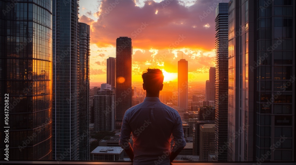 A successful entrepreneur gazing out from a high-rise office at the city skyline, with the sunset symbolizing inspiration, vision, and future success A successful entrepreneur gazing out from a high-rise office at the city skyline, with the sunset symbolizing inspiration, vision, and future success