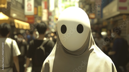 Eerie 3D Render of Faceless Yokai Noppera-bo in Crowded Japanese Festival Scene, Ultra-Detailed Illustration photo