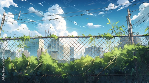 old iron wire fence is covered in moss and has holes, leaving holes in the modern cityscape, colorful anime style