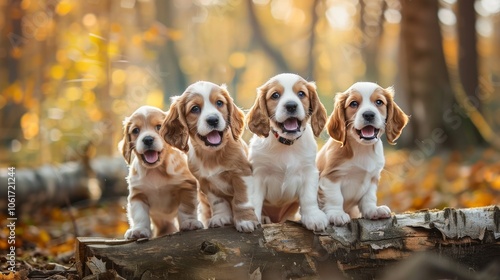 A group of adorable spaniel puppies sits on a fallen log in an autumn forest, surrounded by falling leaves and warm sunlight, creating a playful and cozy scene