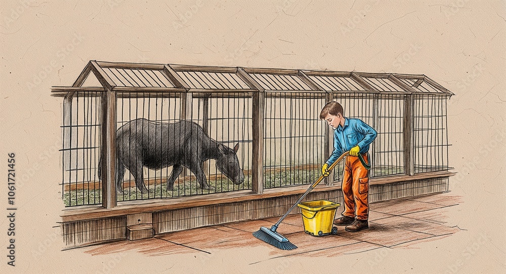 Hand drawing clipart of a zookeeper boy cleaning an animal enclosure at ...