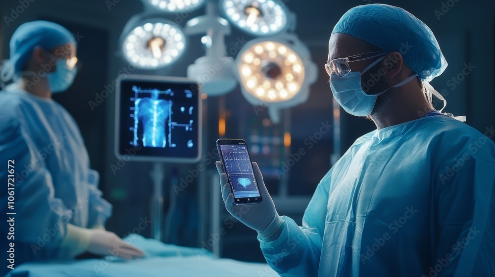 A surgeon standing next to a phone screen displaying a telemedicine consultation platform, with surgery preparation happening in the background, representing the future of integrated healthcare A surgeon standing next to a phone screen displaying a telemedicine consultation platform, with surgery preparation happening in the background, representing the future of integrated healthcare