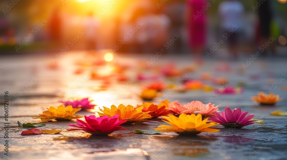 Krathongs Adorn the Ground: A Moment of Serenity at the Thai Temple.Concept of tradition, spirituality, cultural celebration, peace, and tranquility, tourism, hospitality, cultural heritage preservati
