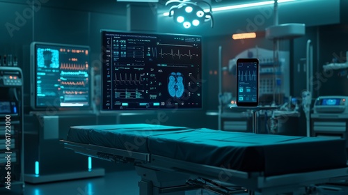 A surgery preparation scene with the operating table setup, digital displays showing patient data, and a phone screen ready for an online medical consultation, emphasizing 